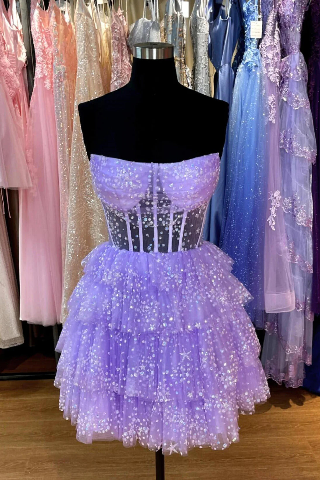 Xuewuba Dress Lavender Sparkle Tulle Tiered Short Party Dress Homecoming Dress