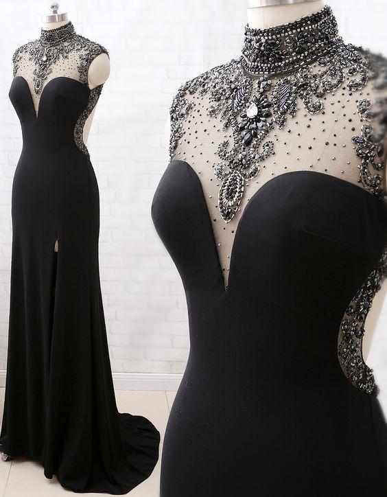 Xuewuba Dress Mermaid High Neck Beaded Black Formal Evening Dress With Slit Prom Dress