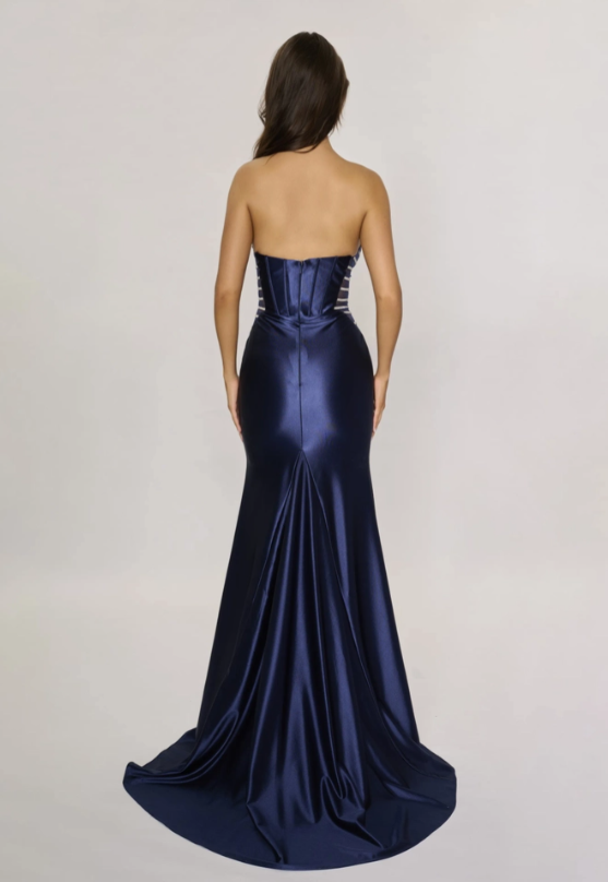 Xuewuba Dress Mermaid Satin Prom Dress Long with Slit Sweep Train Evening Gowns Strapless Bridesmaid Dresses For Women
