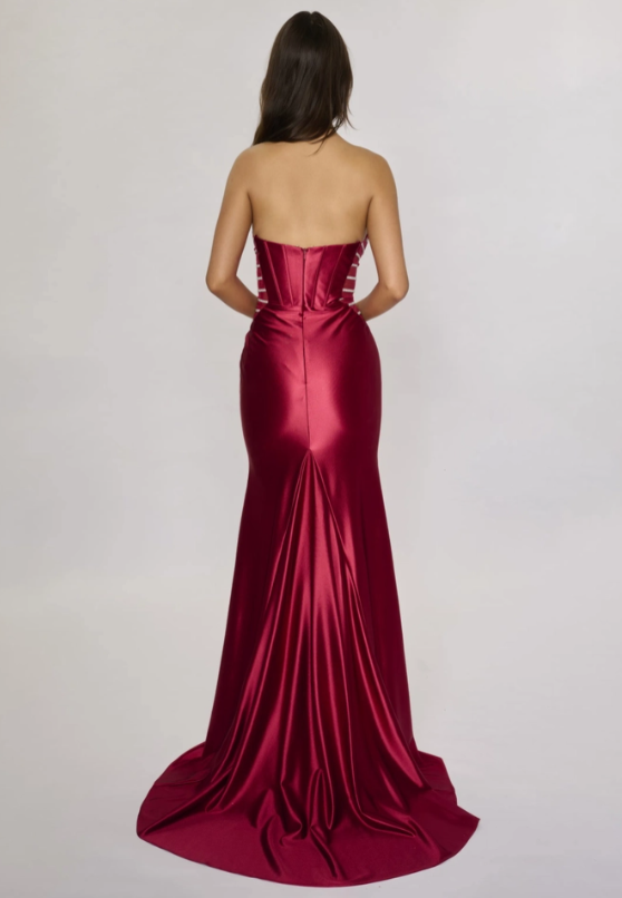 Xuewuba Dress Mermaid Satin Prom Dress Long with Slit Sweep Train Evening Gowns Strapless Bridesmaid Dresses For Women