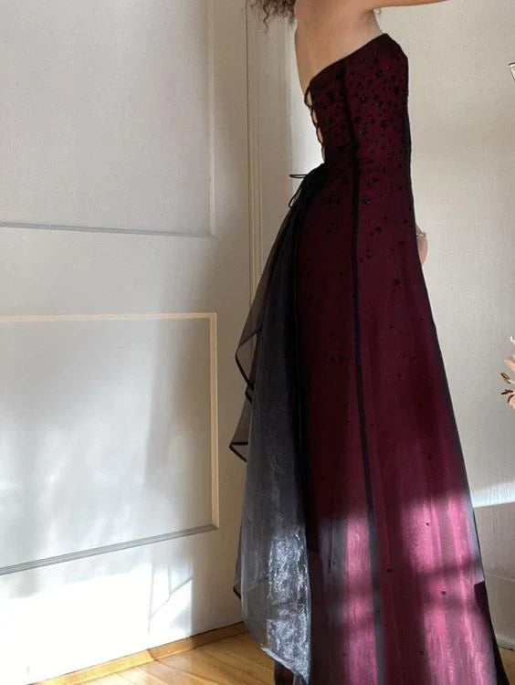 Xuewuba Dress Modest A Line Strapless Burgundy Tulle Beads Long Party Dress Prom Dresses