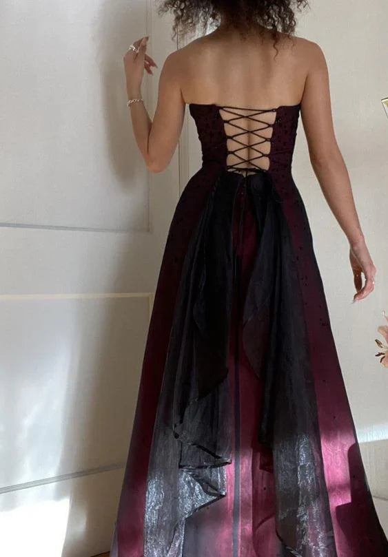 Xuewuba Dress Modest A Line Strapless Burgundy Tulle Beads Long Party Dress Prom Dresses