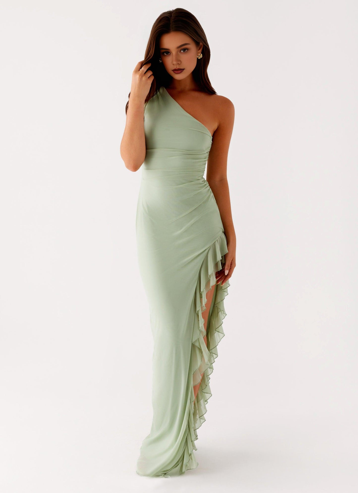 Xuewuba Dress One Shoulder Maxi Dress Sleeveless Sage Chic Sheath Prom Dress With Side Asymmetrical Ruffle
