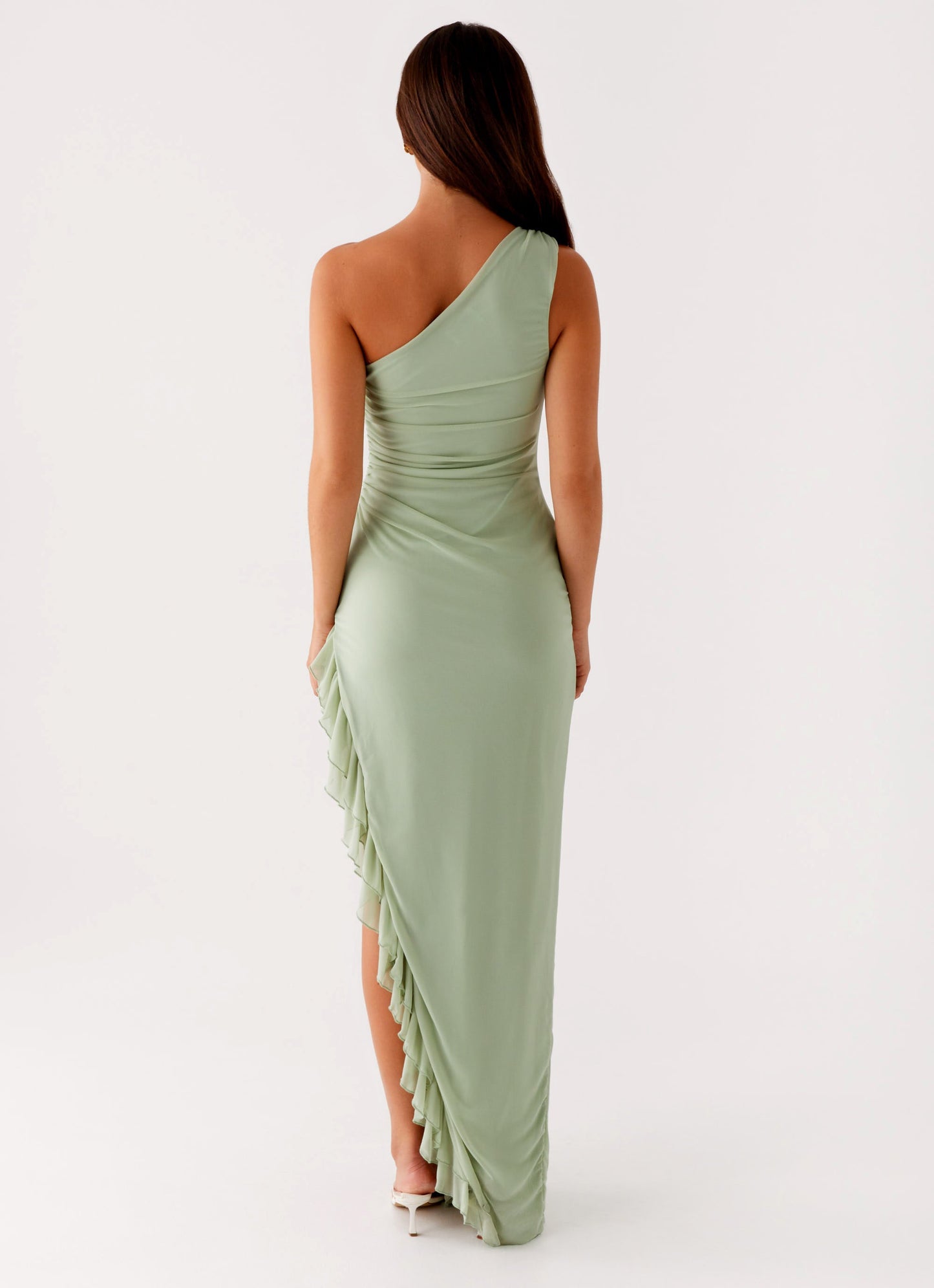 Xuewuba Dress One Shoulder Maxi Dress Sleeveless Sage Chic Sheath Prom Dress With Side Asymmetrical Ruffle
