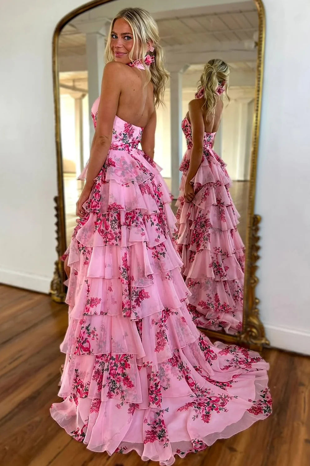 Xuewuba Dress Pink Lovely A-Line Halter Neck Long Prom Dress with Ruffle Print Chiffon Dress Evening Dress