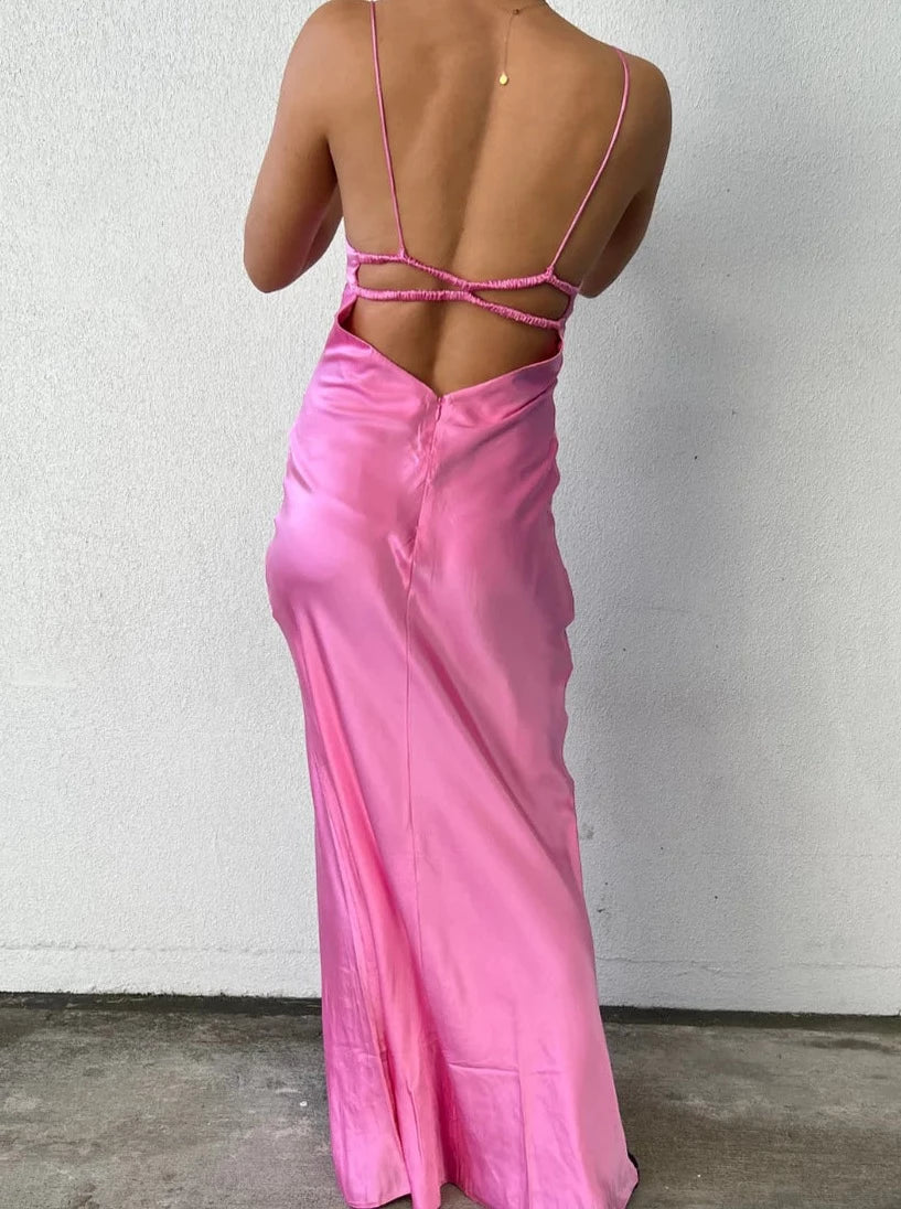 Xuewuba Dress Pink Simple Spaghetti Straps Long Floor Length Pleated Open Back Evening Prom Dresses