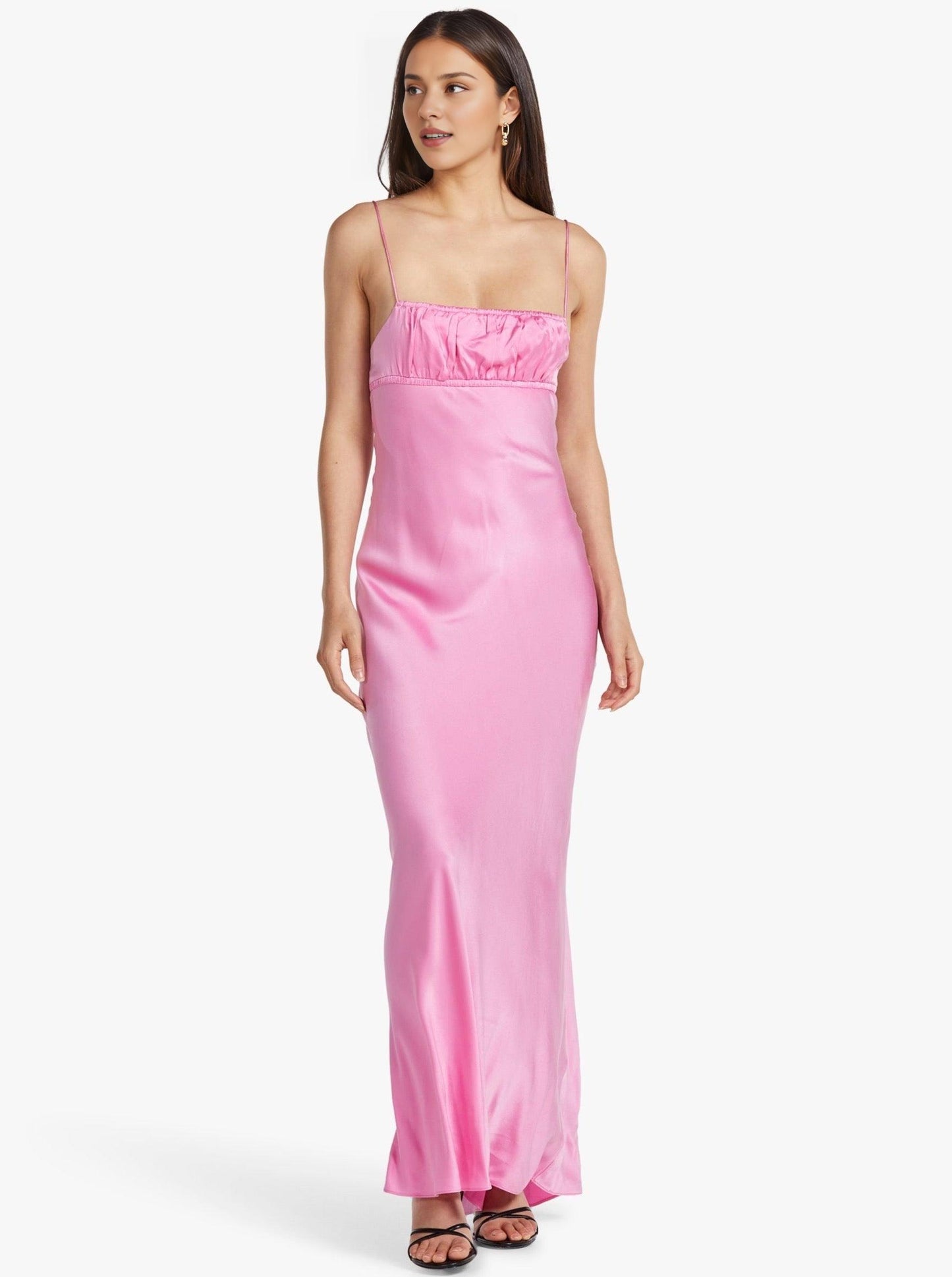 Xuewuba Dress Pink Simple Spaghetti Straps Long Floor Length Pleated Open Back Evening Prom Dresses