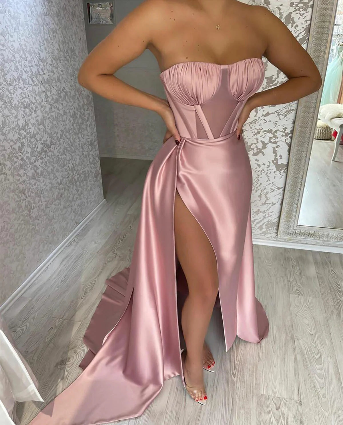 Xuewuba Dress Pink Sweetheart Strapless Satin Long Prom Dress with Leg Slit Pink Satin Evening Dress Formal Wear Dresses