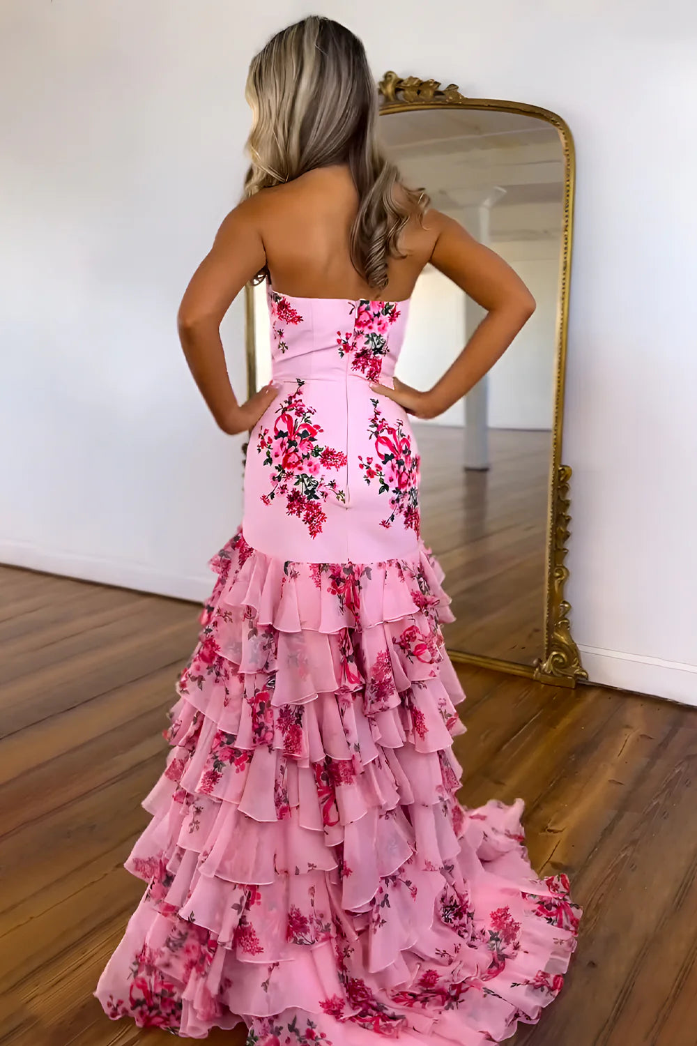 Xuewuba Dress Pretty Pink Strapless Long Mermaid Prom Dress with Ruffle Print Chiffon Evening Dress