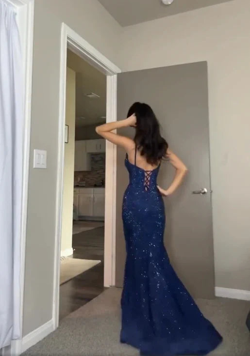 Xuewuba Dress Pretty Sheath Spaghetti Straps Royal Blue Slit Long Evening Dress Prom Dresses