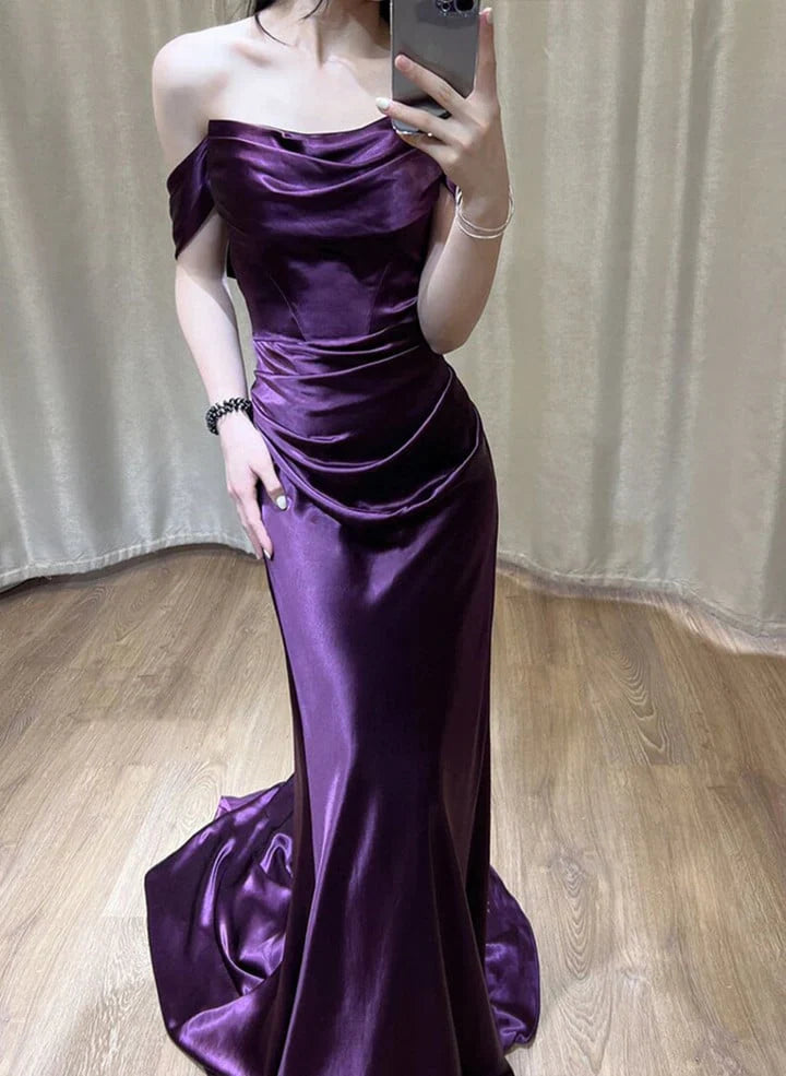 Xuewuba Dress Purple Satin Off Shoulder Long Evening Dress Purple Satin Prom Dress
