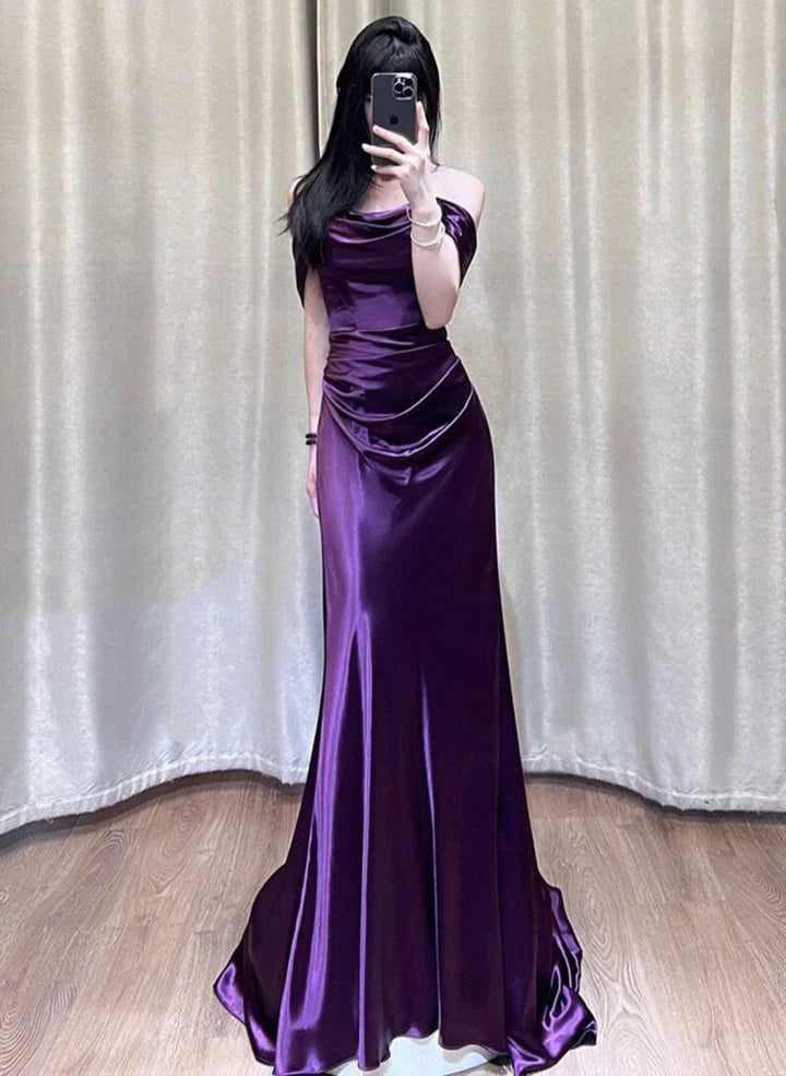 Xuewuba Dress Purple Satin Off Shoulder Long Evening Dress Purple Satin Prom Dress