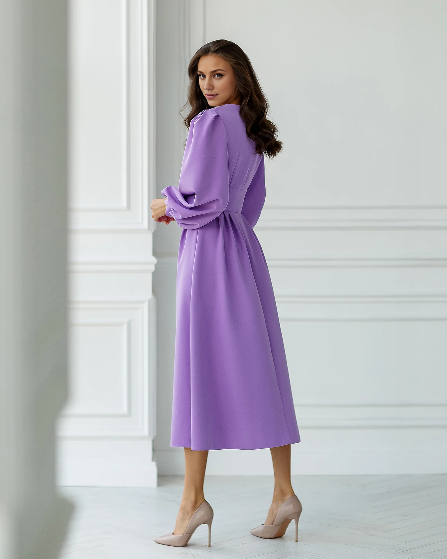 Xuewuba Dress Purple V-Neck Puff-Sleeve Midi Dress Party Dress Elegant Tea-Length A-line Prom Dress