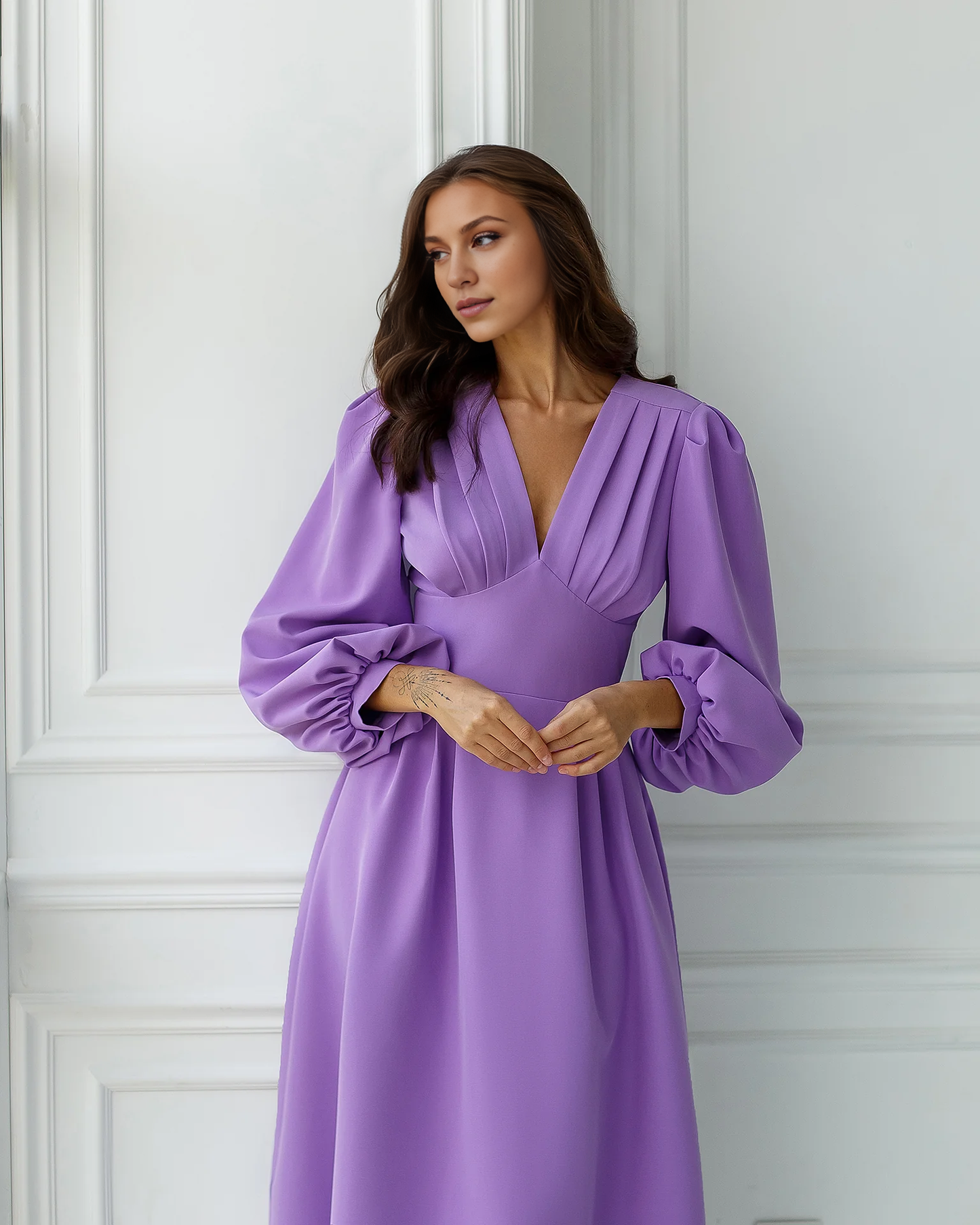 Xuewuba Dress Purple V-Neck Puff-Sleeve Midi Dress Party Dress Elegant Tea-Length A-line Prom Dress
