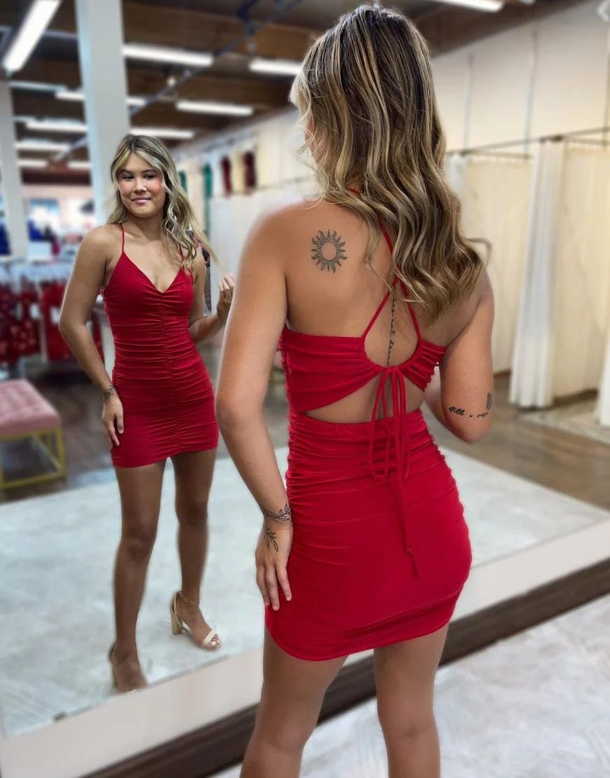 Xuewuba Dress Red Spaghetti Straps Key Hole Back Homecoming Dress