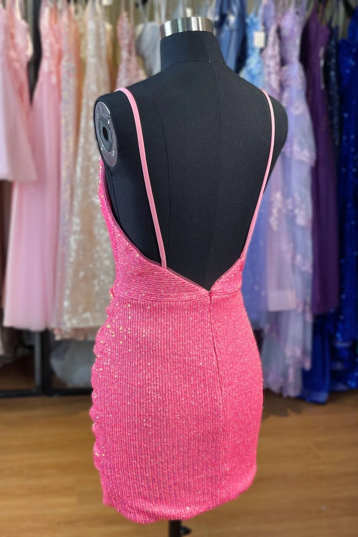 Xuewuba Dress Ruched Straps Hot Pink Sequin Mini Dress Homecoming Dress