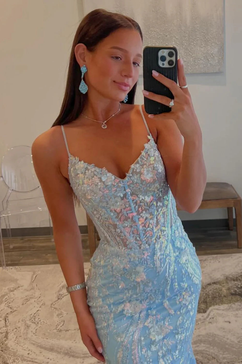 Xuewuba Dress Sequin Light Blue Mermaid Prom Dress Spaghetti Straps Sweep Train Evening Dress