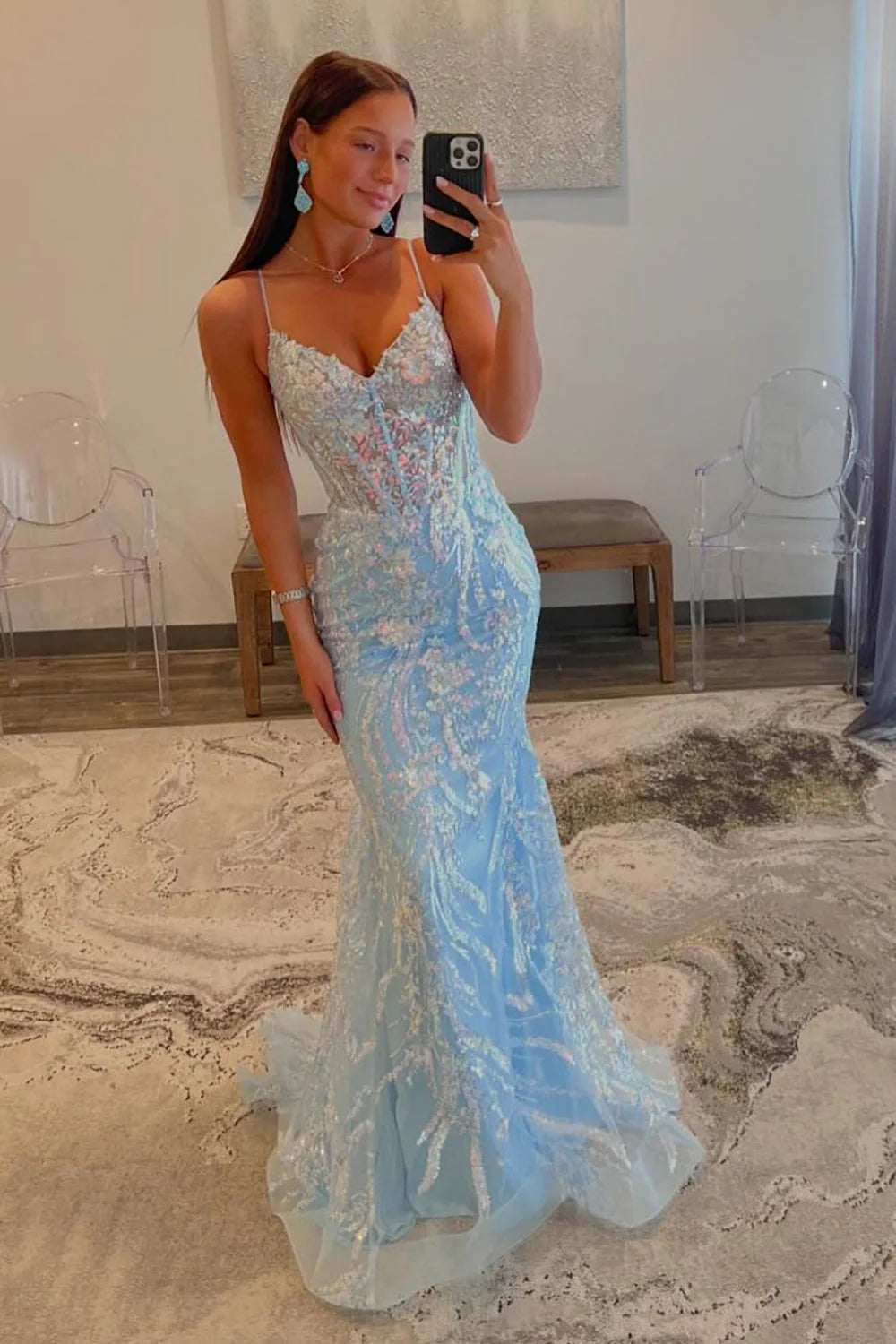 Xuewuba Dress Sequin Light Blue Mermaid Prom Dress Spaghetti Straps Sweep Train Evening Dress