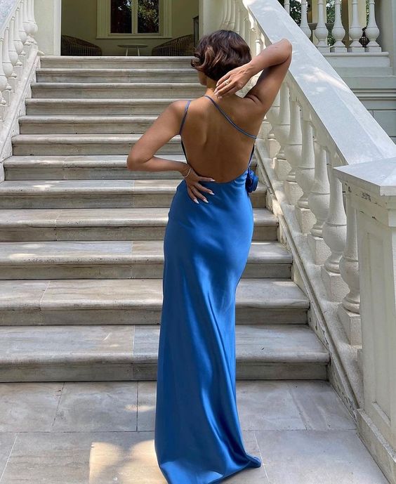 Xuewuba Dress Sexy A line Backless Maxi Dress Royal Blue Satin Prom Dresses