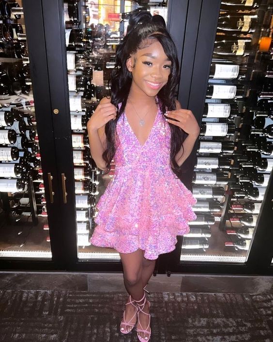 Xuewuba Dress Sexy A line Spaghetti Straps Pink Sequin Short Homecoming Dress