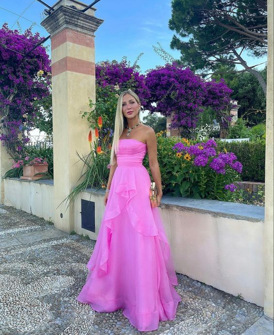 Xuewuba Dress Sexy A line Strapless Sleeveless Party Dress Pink Floor-Length Prom Dress