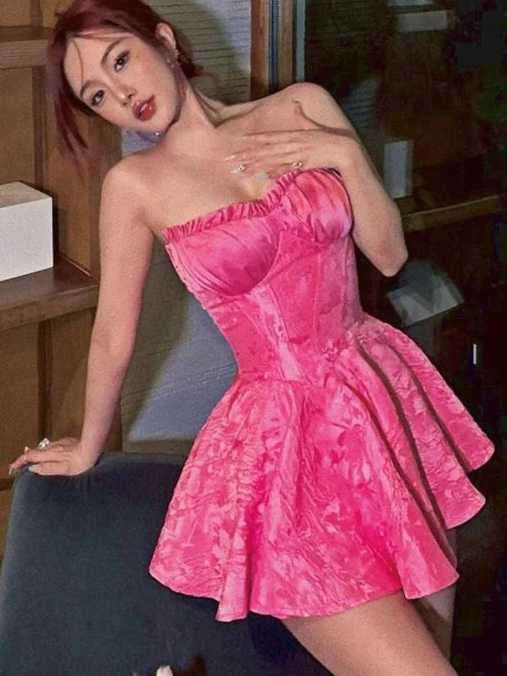 Xuewuba Dress Sexy A line Strapless Sleeveless Short Pink Homecoming Dress