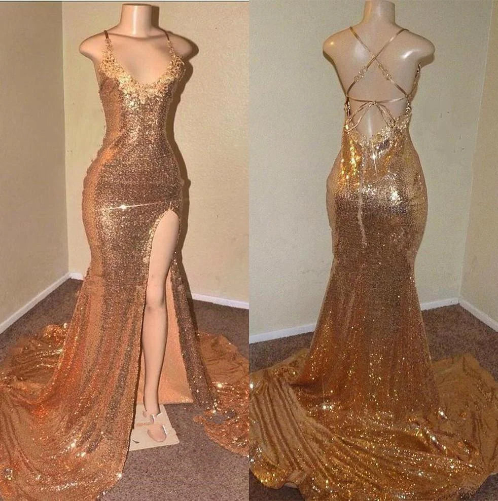 Xuewuba Dress Sexy Gold Sequin Spaghetti Straps Slit Open Back Prom Dresses