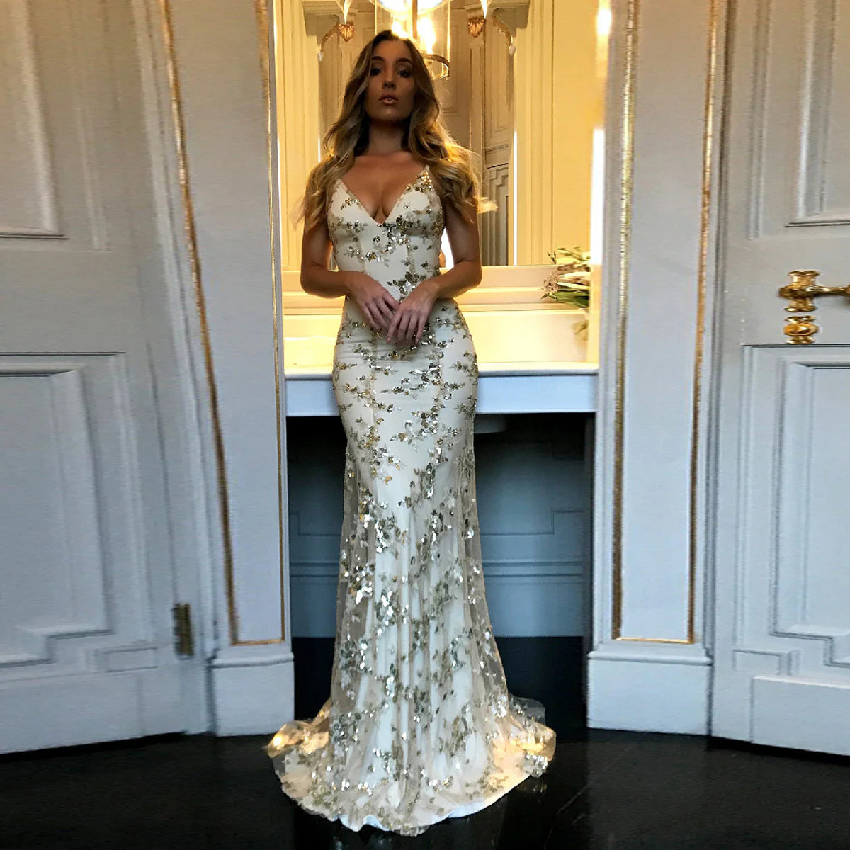 Xuewuba Dress Sexy Mermaid Gold Sequin Tulle Long Backless Prom Dress Lace Up Evening Dress