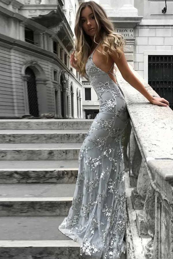Xuewuba Dress Sexy Mermaid Gold Sequin Tulle Long Backless Prom Dress Lace Up Evening Dress