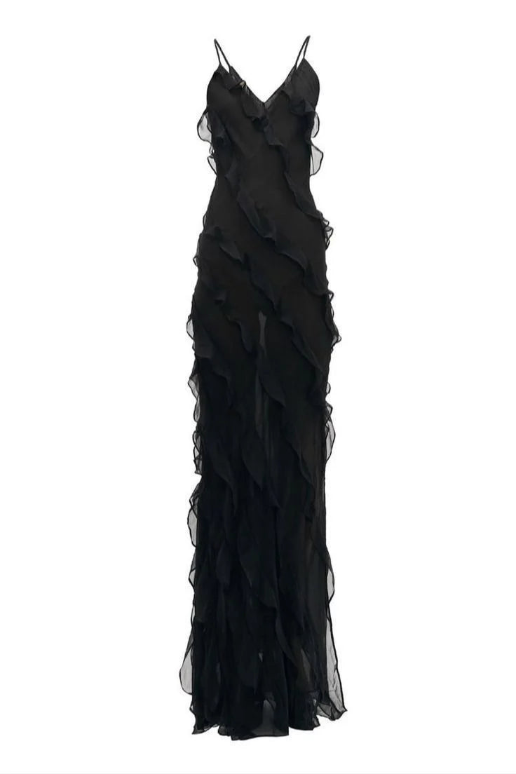 Xuewuba Dress Sexy Mermaid Spaghetti Straps Chiffon Black Backless Prom Dresses
