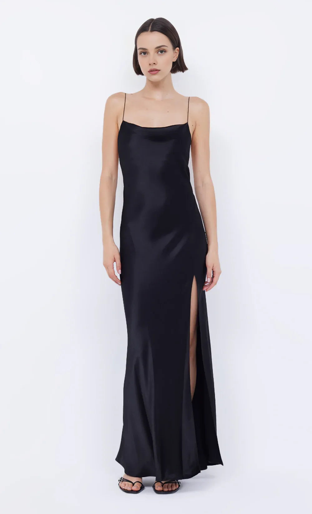 Xuewuba Dress Sexy Spaghetti Straps Cowl Neck Sleeveless Evening Dress Black Prom Dress Side Slit Maxi Dress