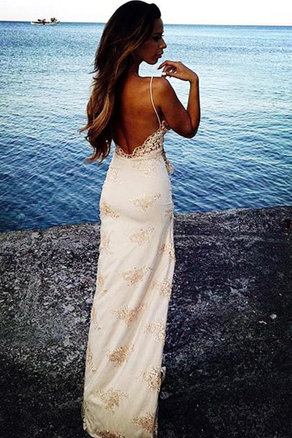 Xuewuba Dress Sexy Spaghetti Straps V Neck Floor Length Backless Side Slit Appliques Prom Dress
