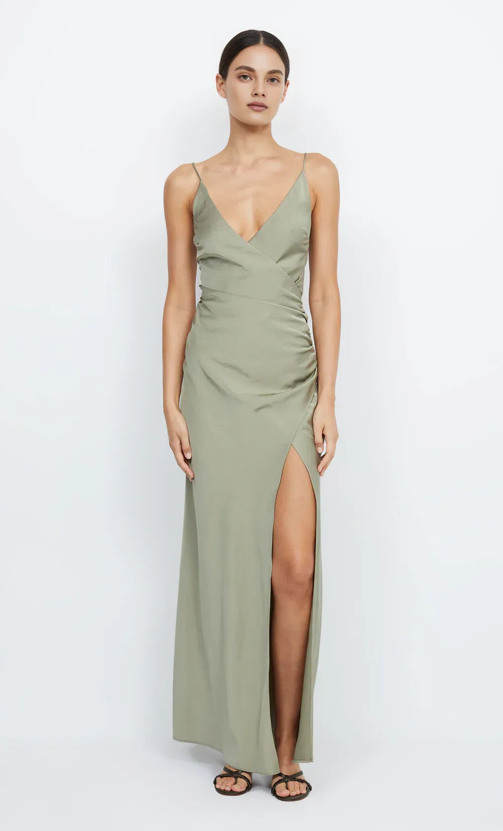 Xuewuba Dress Sexy V Back V Neck Sleeveless Evening Dress Sage Prom Dress Sheath Side Slit Maxi Dress