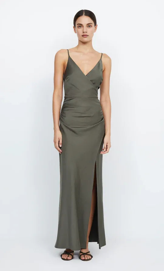 Xuewuba Dress Sexy V Back V Neck Sleeveless Evening Dress Sage Prom Dress Sheath Side Slit Maxi Dress