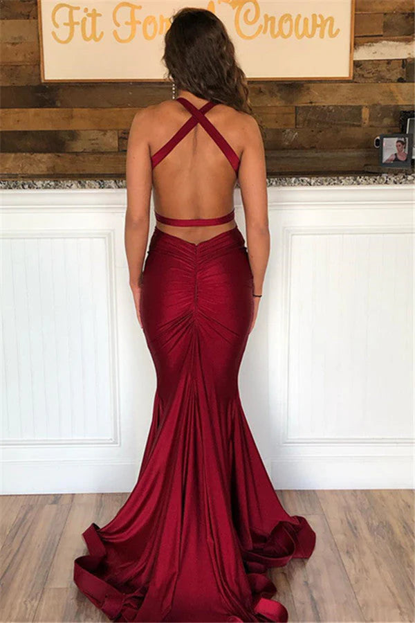 Xuewuba Dress Sheath Deep V Neck Long Mermaid Halter Open Back Prom Dress
