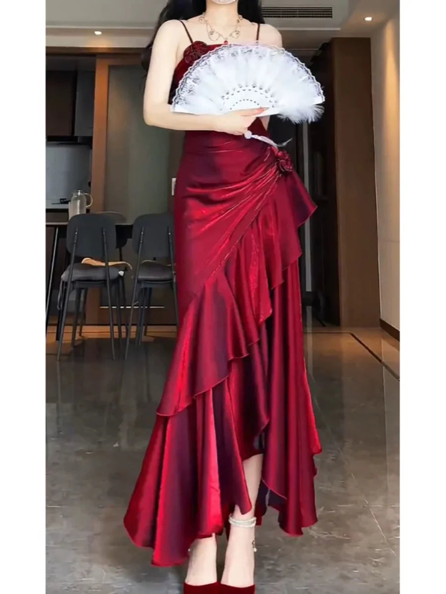 Xuewuba Dress Simple Mermaid Spaghetti Straps Burgundy Party Dress Long Prom Dresses