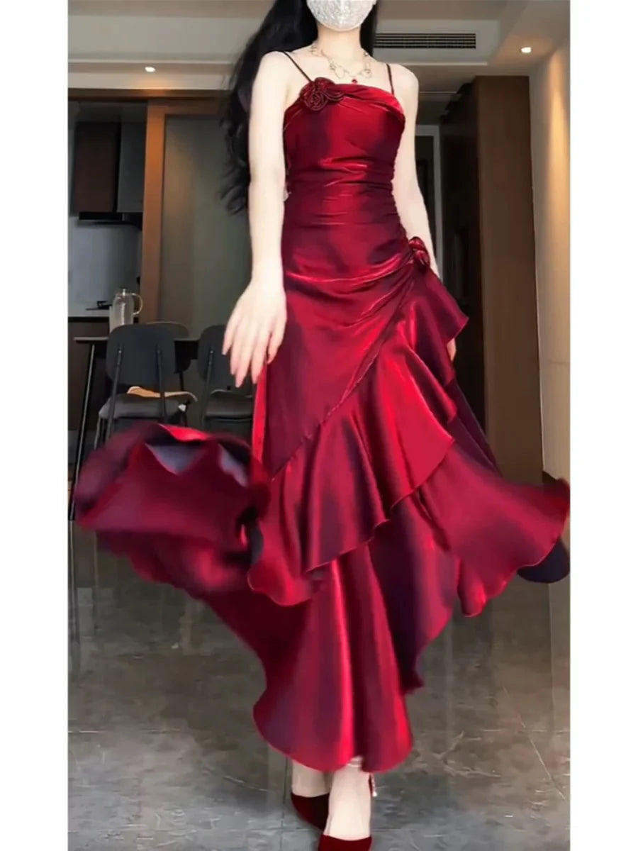 Xuewuba Dress Simple Mermaid Spaghetti Straps Burgundy Party Dress Long Prom Dresses