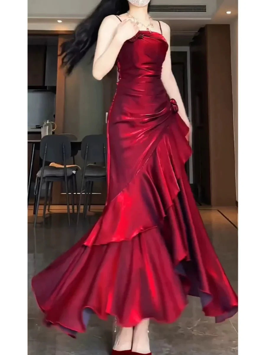 Xuewuba Dress Simple Mermaid Spaghetti Straps Burgundy Party Dress Long Prom Dresses