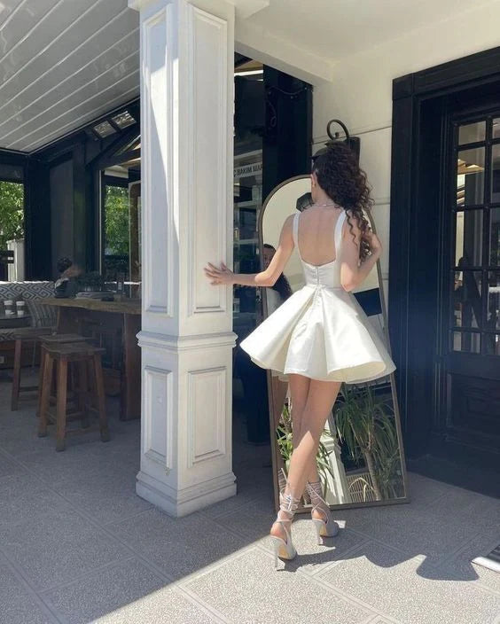 Xuewuba Dress Simple Sequare Neck White Short Prom Dress Elegant Homecoming Dress