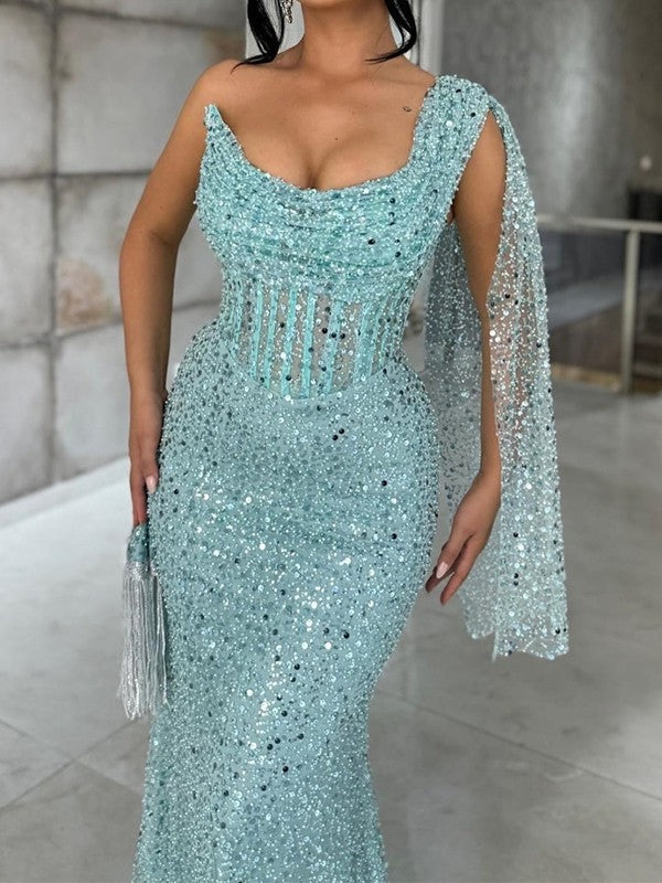Xuewuba Dress Sleeveless Sheath One-Shoulder Sequin Sweep Train Corset Dress Prom Dress