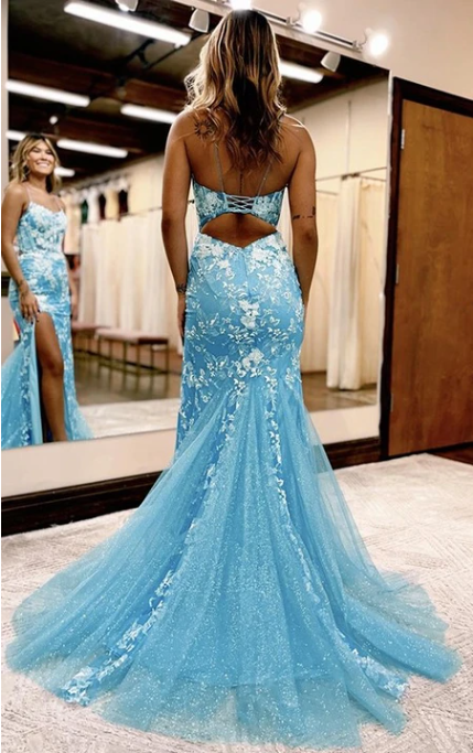 Xuewuba Dress Spaghetti Sky Blue Mermaid Lace Applique Sexy Front Split Prom Dress Formal Wear Dresses
