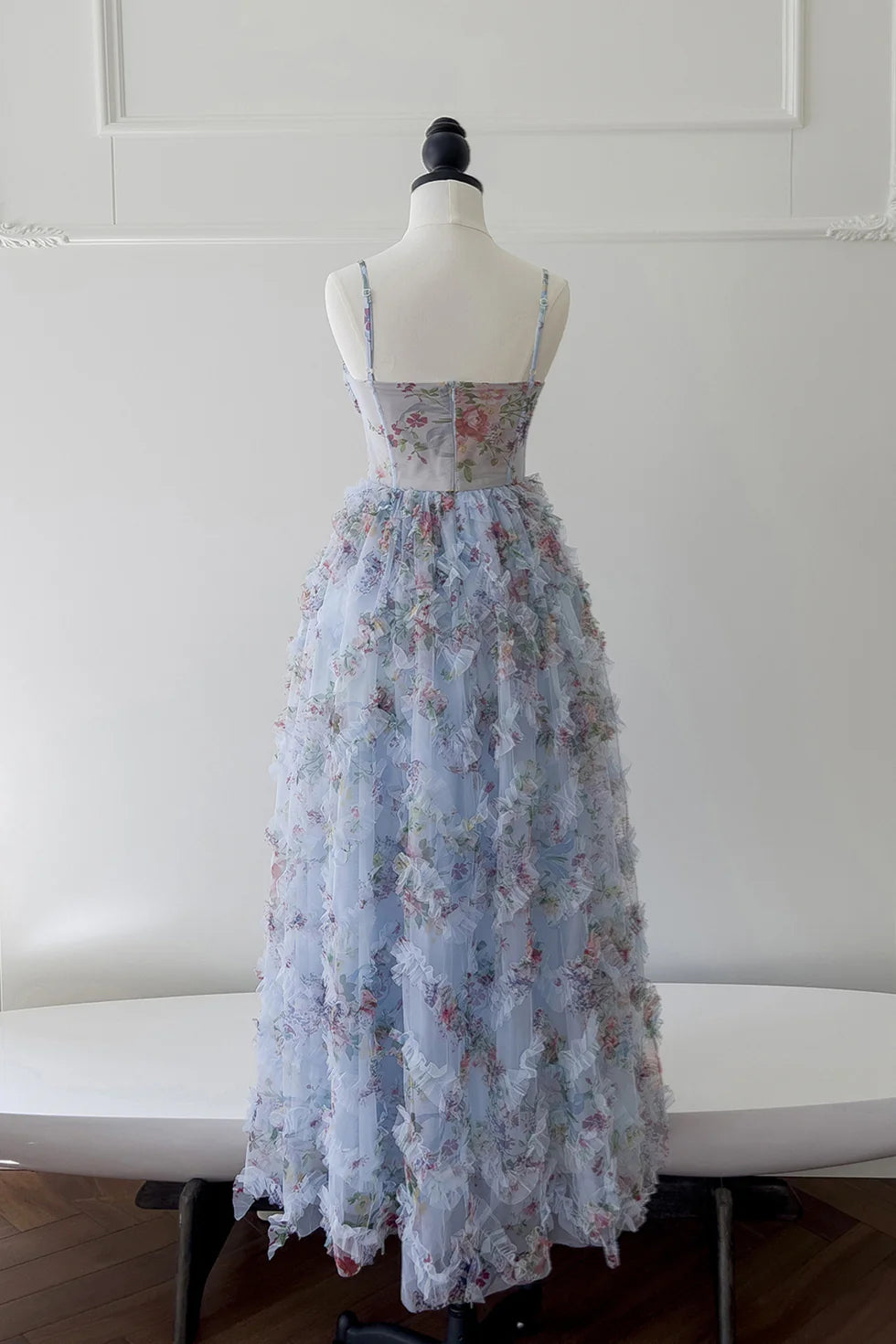 Xuewuba Dress Spaghetti Straps Blue Floral Print Ruched Long Dress Prom Dress