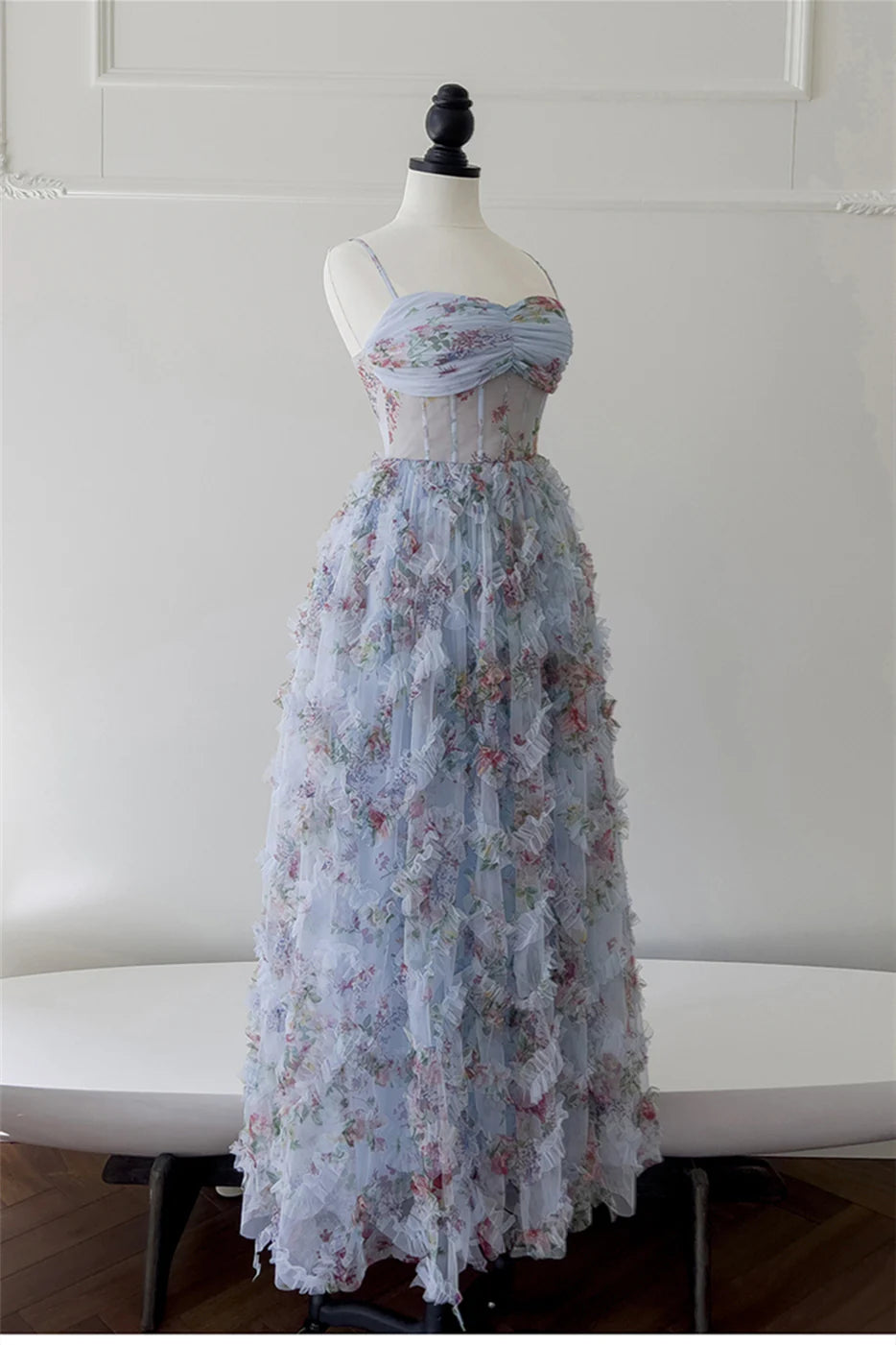Xuewuba Dress Spaghetti Straps Blue Floral Print Ruched Long Dress Prom Dress