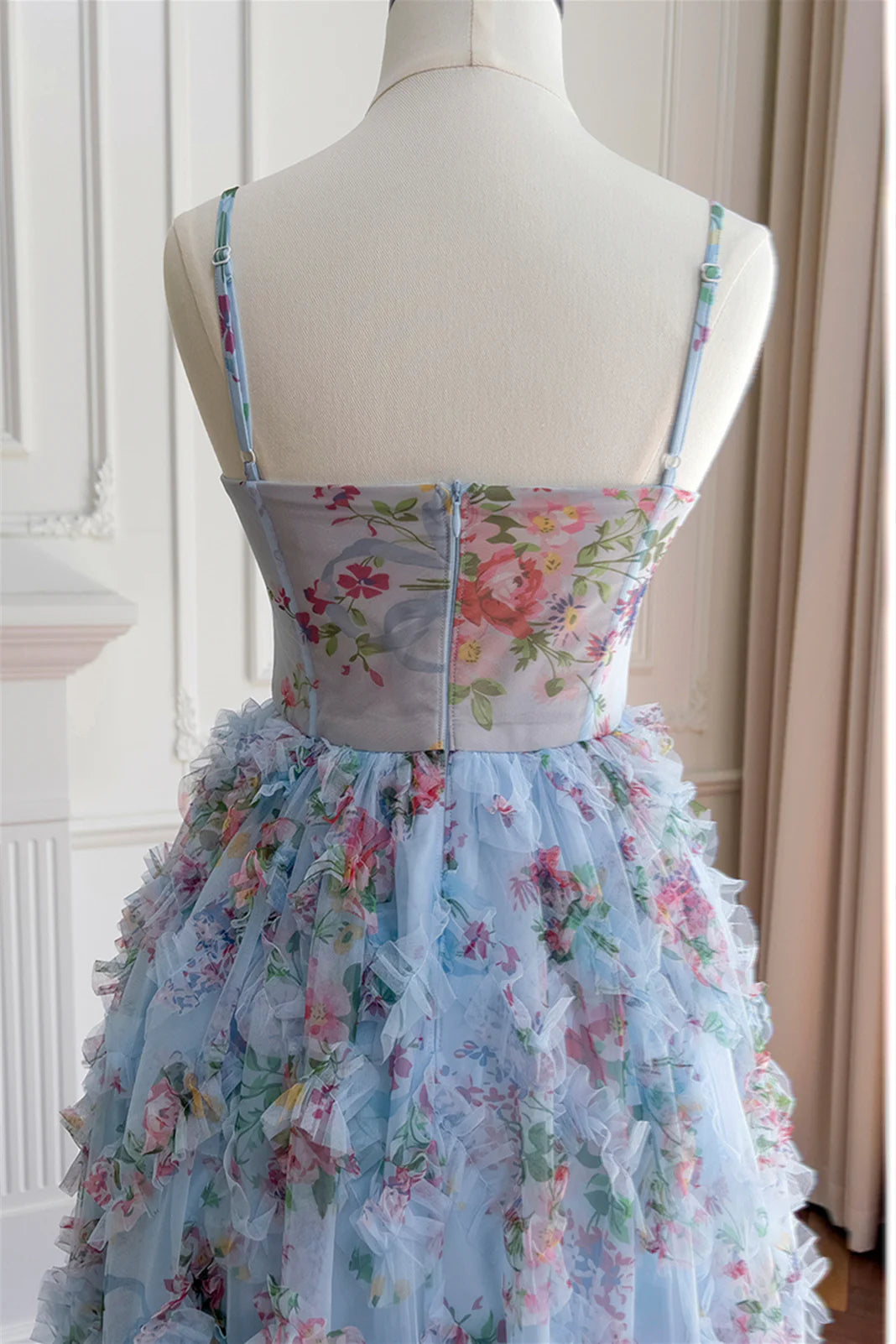 Xuewuba Dress Spaghetti Straps Blue Floral Print Ruched Long Dress Prom Dress