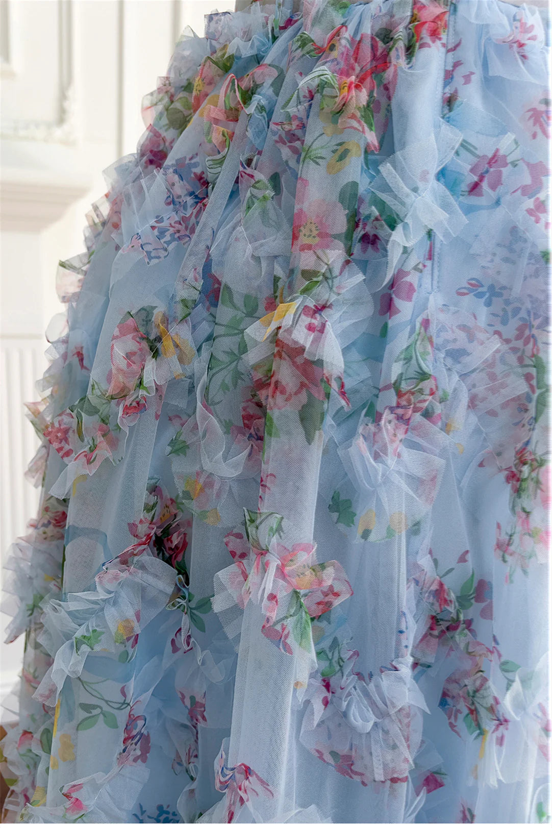 Xuewuba Dress Spaghetti Straps Blue Floral Print Ruched Long Dress Prom Dress