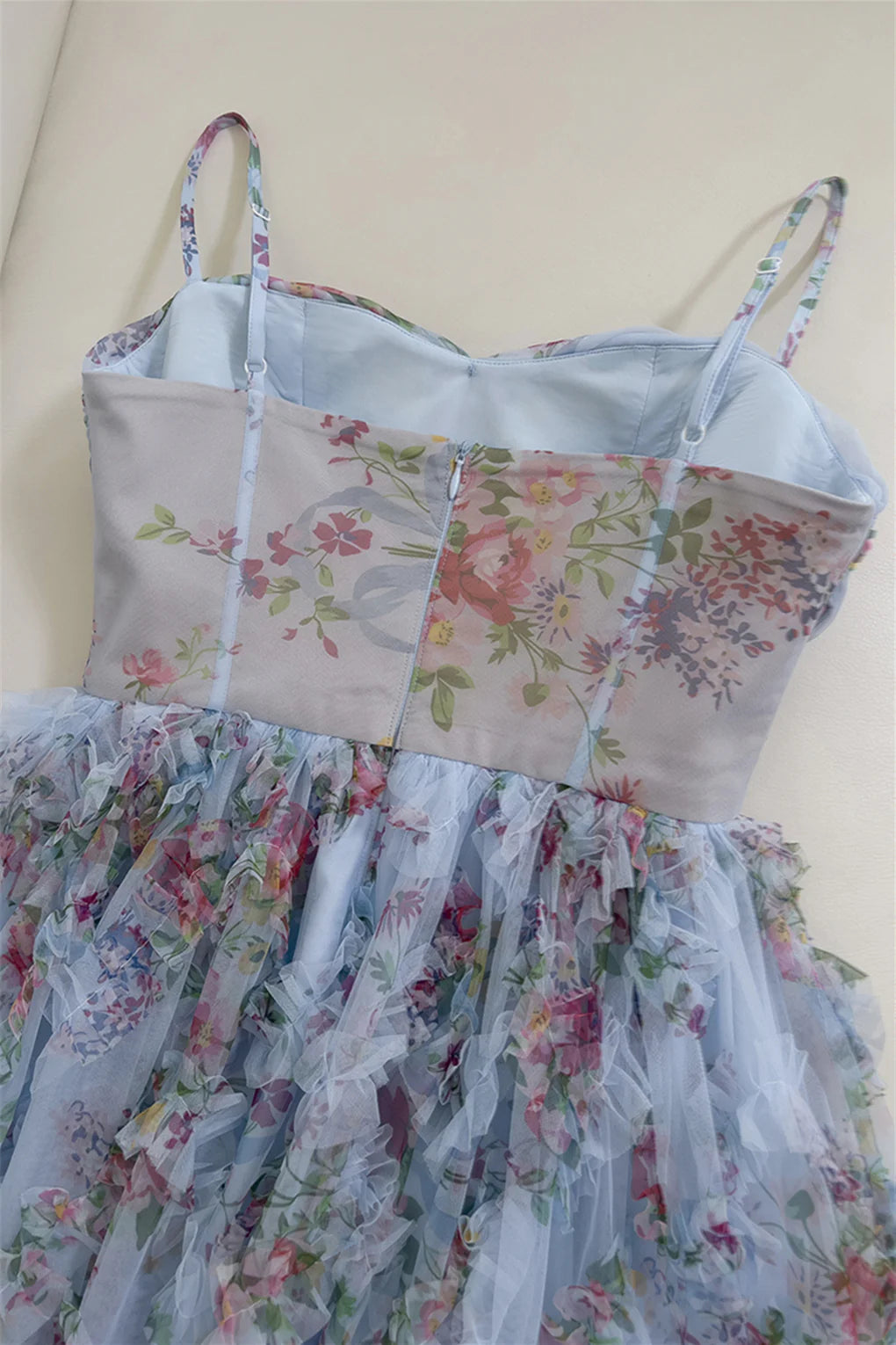 Xuewuba Dress Spaghetti Straps Blue Floral Print Ruched Long Dress Prom Dress