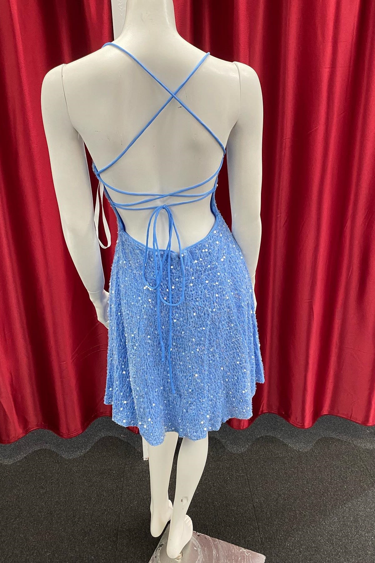 Xuewuba Dress Spaghetti Straps Blue Sequin Short Homecoming Dress