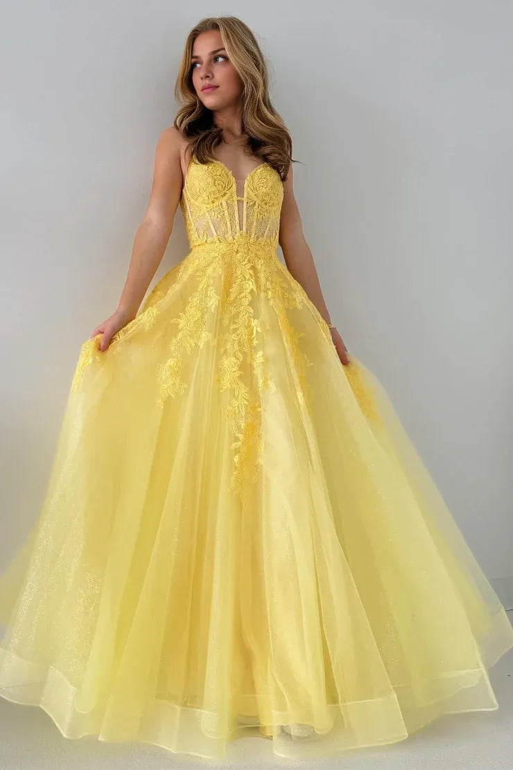 Xuewuba Dress Spaghetti Straps Cute A Line Tulle Appliques Lace-Up Long Prom Dress