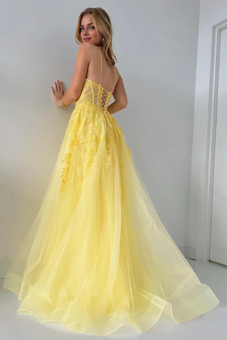 Xuewuba Dress Spaghetti Straps Cute A Line Tulle Appliques Lace-Up Long Prom Dress