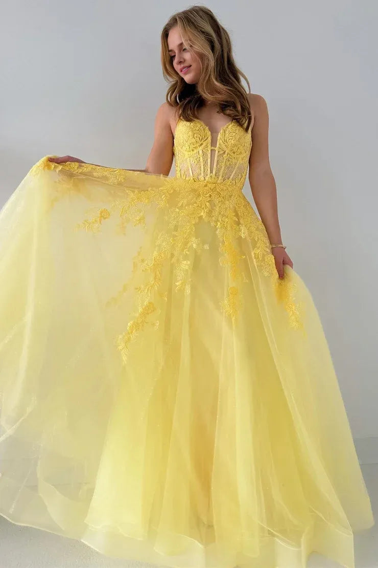 Xuewuba Dress Spaghetti Straps Cute A Line Tulle Appliques Lace-Up Long Prom Dress